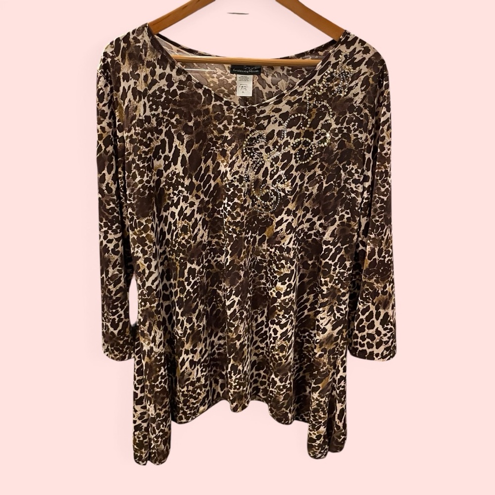 Y2K leopard flowy bling bling top semi sheer v neck hem longer on sides